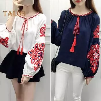 Летняя рубашка женская в этническом стиле с вышивкой, пуловер, топы с круглым вырезом, рукавом-фонариком, свободная блузка белый