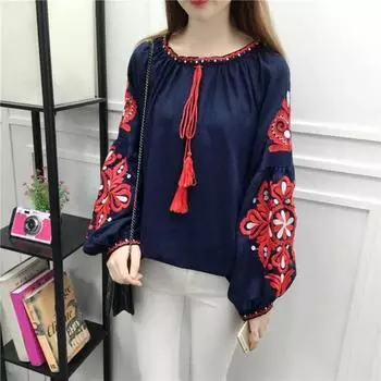 Летняя рубашка женская в этническом стиле с вышивкой, пуловер, топы с круглым вырезом, рукавом-фонариком, свободная блузка белый