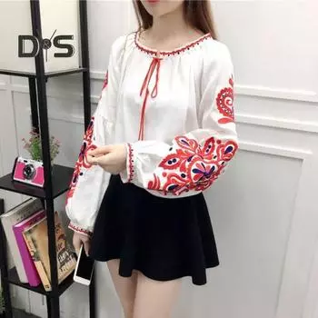 Летняя рубашка женская в этническом стиле с вышивкой, пуловер, топы с круглым вырезом, рукавом-фонариком, свободная блузка белый