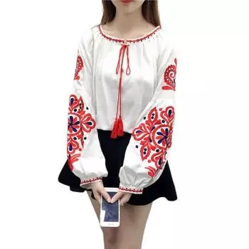 Летняя рубашка женская в этническом стиле с вышивкой, пуловер, топы с круглым вырезом, рукавом-фонариком, свободная блузка One Size темно-синий