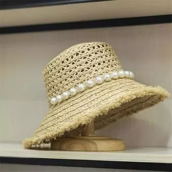 Летняя ручная работа, выдалбливаемая рафия, трава, жемчуг, украшение, женская кепка от солнца, женская шляпа для отдыха head size 57cm
