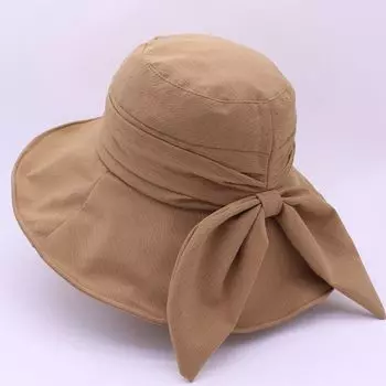 Летняя рыбацкая шляпа, женская универсальная повседневная плиссированная ткань, Молодежная шляпа в корейском стиле с бантом, солнцезащитная шляпа с большими полями, защитная шляпа от солнца one size56-58cm хаки