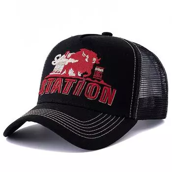 Летняя рыболовная кепка STATION Letter унисекс, дышащая сетчатая кепка дальнобойщика с вышитыми большими бизонами и быками 56cm-60cm чёрный