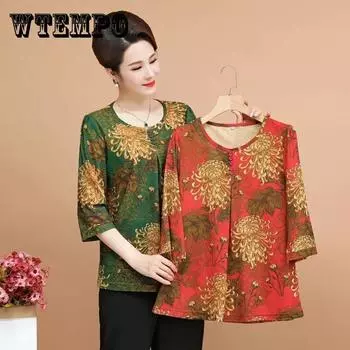 Летняя семиточечная женская одежда со средними рукавами для женщин среднего и пожилого возраста, свободная футболка с короткими рукавами для 50 лет, женский топ XL