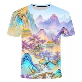 Летняя серия китайских ветряных пейзажей, 3D-печатная футболка с коротким рукавом, индивидуальный модный тренд, мужские и женские топы XS