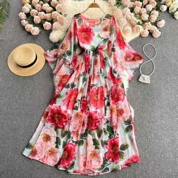 Летняя серия с цветочным принтом, элегантное сказочное новое струящееся шифоновое платье с рукавами-колокольчиками на берегу моря S красный