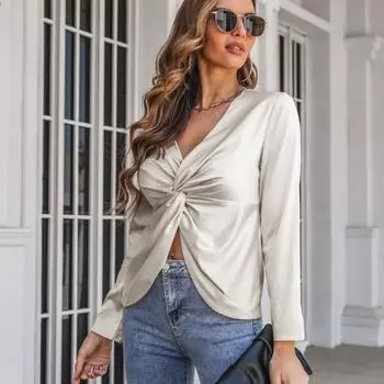 Летняя сексуальная атласная блузка с v-образным вырезом, модная рубашка с длинными рукавами и крестиком, плиссированная офисная женская одежда 2023, Blusa Mujer 24791 S хаки
