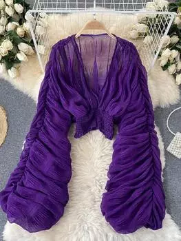 Летняя сексуальная драпированная шифоновая блузка для женщин, элегантные короткие топы с v-образным вырезом и длинными рукавами, женские тонкие рубашки для вечеринок, новая мода One Size зелёный