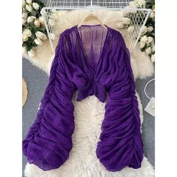 Летняя сексуальная драпированная шифоновая блузка для женщин, элегантные короткие топы с v-образным вырезом и длинными рукавами, женские тонкие рубашки для вечеринок 2022, новая мода S красный