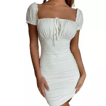 Летняя сексуальная темпераментная однотонная плиссированная юбка на бедрах с квадратным вырезом и короткими рукавами на шнуровке S белый