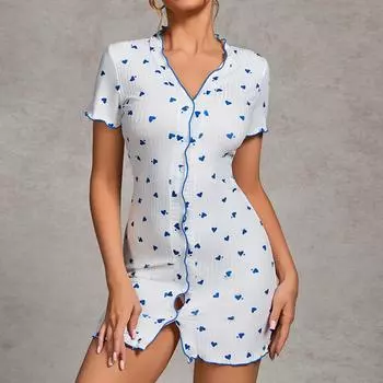 Летняя сексуальная тонкая ночная рубашка с принтом в виде сердца для женщин, кардиган на пуговицах, ночная рубашка женская с V-образным вырезом, эластичная мини-ночная рубашка, домашняя одежда S
