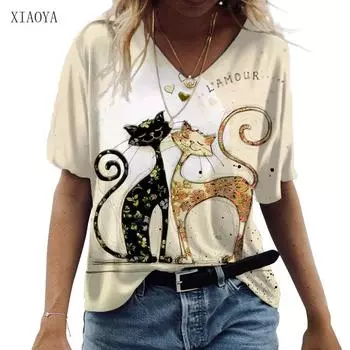 Летняя сексуальная женская футболка с v-образным вырезом и 3D принтом кота, модная женская футболка с коротким рукавом, обычная уличная повседневная женская одежда, топы 6XL 6XL