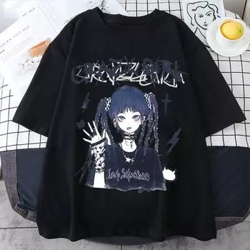 Летняя сексуальная женская футболка в стиле гот, эстетическая свободная женская футболка в стиле панк, темный гранж, уличная одежда, женский топ, готические футболки, одежда в стиле Харадзюку L чёрный