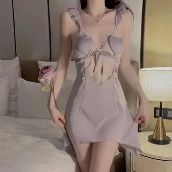 Летняя сексуальная женская ночная рубашка с бюстгальтером, с глубоким V-образным вырезом, кружевная атласная ночная рубашка с открытой спиной для женщин M