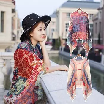 «Летняя шаль из хлопка и льна в этническом стиле»: Солнцезащитное пляжное покрывало ручной работы с пуговицами в стиле ретро 180*100cm