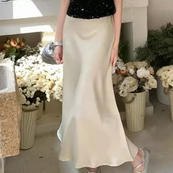 Летняя шелковая атласная юбка трапециевидной формы, женская элегантная повседневная юбка с высокой талией, женская модная однотонная тонкая длинная юбка для женской одежды 2024 S фиолетовый