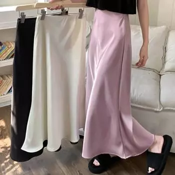 Летняя шелковая атласная женская юбка-трапеция Элегантная юбка «рыбий хвост» с высокой талией Женская мода Женские однотонные фиолетовые длинные юбки для женщин 2024 S чёрный