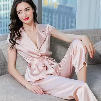 Летняя шелковая пижама из шелка Mulberry, женская пижама, костюм для сна, атласная пижама с V-образным вырезом и коротким рукавом L