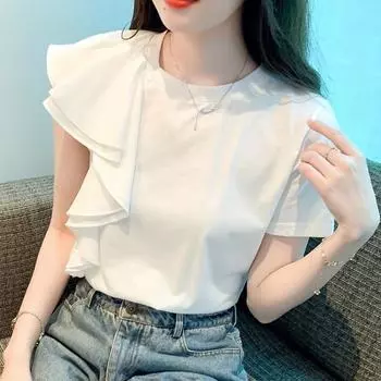 Летняя шифоновая блузка с короткими рукавами, модные женские рубашки с круглым вырезом, женская одежда, белые топы, свободный топ с рюшами, женский элегантный 27166 S белый