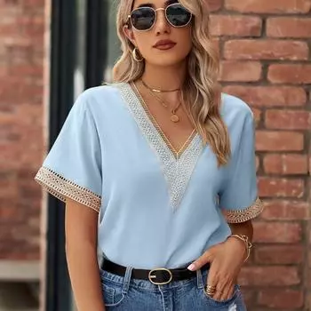 Летняя шифоновая блузка с v-образным вырезом, женская однотонная повседневная блузка с коротким рукавом, модные женские блузки, летние топы, элегантная рубашка, женская одежда 24707 S небесно-голубой
