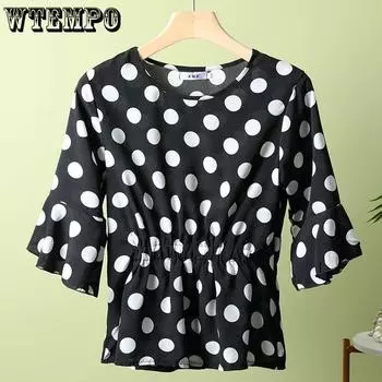 Летняя шифоновая футболка, женская модная рубашка в горошек, свободная рубашка с оборками и круглым вырезом, средний рукав M чёрный