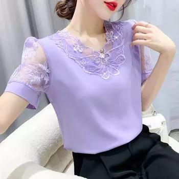 Летняя шифоновая рубашка, элегантная женская одежда, блузка, сетчатая блузка с короткими рукавами, ажурные топы с бусинами, универсальная повседневная одежда 3XL чёрный