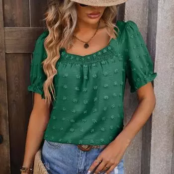Летняя шифоновая рубашка с пышными рукавами, женские топы с короткими рукавами, элегантная женская блузка с квадратным вырезом, тонкие однотонные винтажные офисные женские блузки 24054 S зелёный