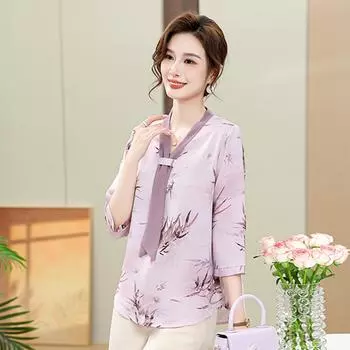 Летняя шифоновая рубашка с рукавами семь четвертей для мам среднего возраста, футболка в иностранном стиле, женская рубашка на весну и лето 2024 года, новая база XL