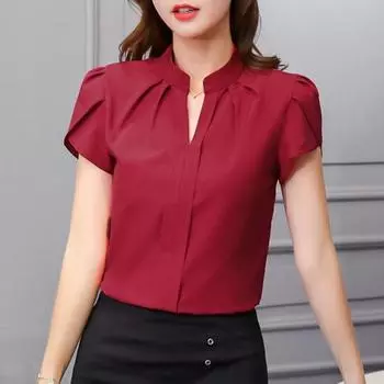 Летняя шифоновая рубашка с v-образным вырезом и лепестками, короткий однотонный пуловер с рукавами, топы с воротником-стойкой, тонкая женская блузка M вино красного