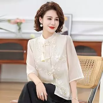 Летняя шифоновая рубашка в китайском стиле с вышитыми кисточками и воротником-стойкой, со средними рукавами, тонкая рубашка для женщин среднего возраста M абрикосовый