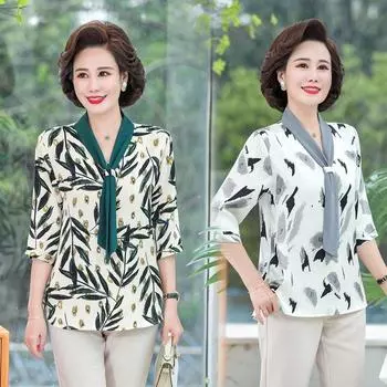 Летняя шифоновая рубашка, женская футболка с длинными рукавами, женская весенне-летняя рубашка среднего и пожилого возраста XL