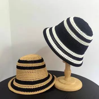 Летняя широкая солнцезащитная шляпа для путешествий на открытом воздухе, для отдыха, солнцезащитная шляпа соломенная, контрастные полосы, полая шляпа-ведро для женщин M56-58cm чёрный