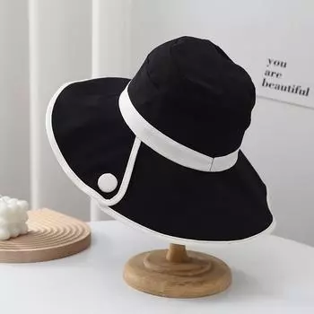 Летняя широкополая шляпа от солнца для детей, универсальная складная шляпа-ведро, закрывающая лицо, дорожная шляпа от солнца для мужчин M56-58cm чёрный