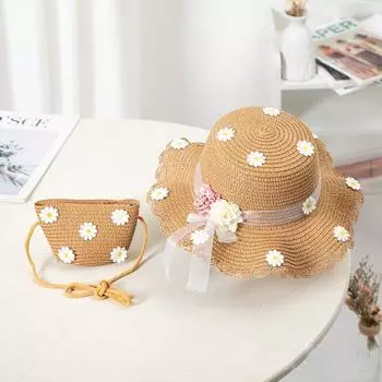 Летняя шляпа от солнца с широкими полями 2-8 лет, набор шляпа + соломенная сумка, детские пляжные шляпы, шляпа рыбака khaki-bag