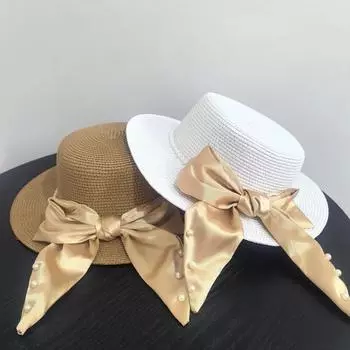 Летняя шляпа с плоским верхом и верхним верхом, бант с жемчугом, пляжная соломенная шляпа для защиты от солнца, 2025, соломенная шляпа для женщин белый