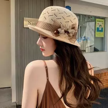 Летняя шляпа-ведро для мам, модная и элегантная шляпа для путешествий, кудрявая шляпа для среднего и пожилого возраста, солнцезащитная шляпа от солнца average size чёрный