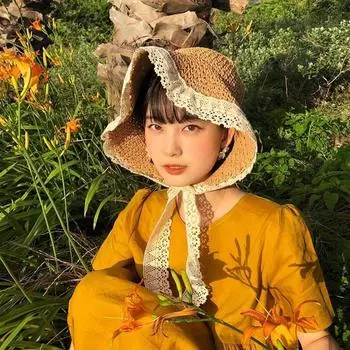 Летняя шляпа-ведро, женские кружевные шляпы от солнца с широкими полями, соломенная пляжная боковая кепка, женская соломенная шляпа, кружевная однотонная соломенная шляпа с бахромой 54-58cm бежевый