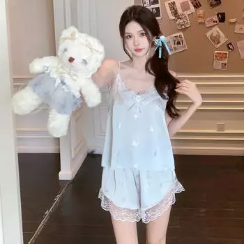 Летняя снежная шелковая сексуальная мягкая пижама для женщин Pure Desire Butterfly Suspender Shorts Домашняя одежда Тонкий срез M розовый