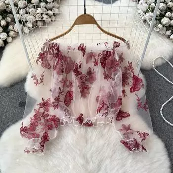 Летняя солнцезащитная блузка с французским принтом, женская блузка с вырезом-фонариком, свободные повседневные топы, модельер, новая одежда, уличная одежда One Size красный