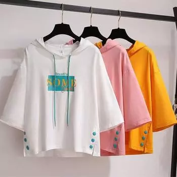 Летняя солнцезащитная футболка с рукавом три четверти, с капюшоном и короткими рукавами, студенческая одежда в корейском стиле, свободный топ, женская одежда S жёлтый