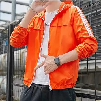 Летняя солнцезащитная куртка, мужская модная универсальная куртка из ледяного шелка в полоску с капюшоном, повседневная легкая ветровка для рыбалки на открытом воздухе M белый