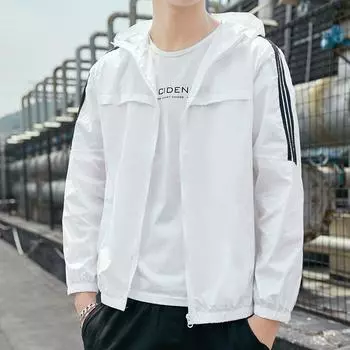 Летняя солнцезащитная куртка, мужская модная универсальная куртка из ледяного шелка в полоску с капюшоном, повседневная легкая ветровка для рыбалки на открытом воздухе M синий