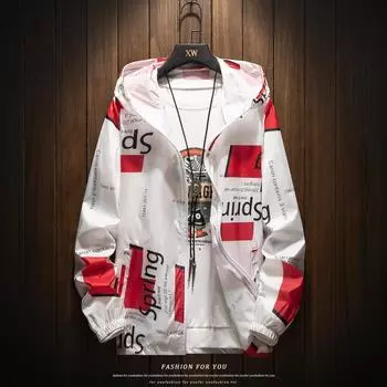 Летняя солнцезащитная одежда с капюшоном Tide Hit Color Желтая куртка с буквенным принтом Повседневная мужская серебряная легкая полоска S