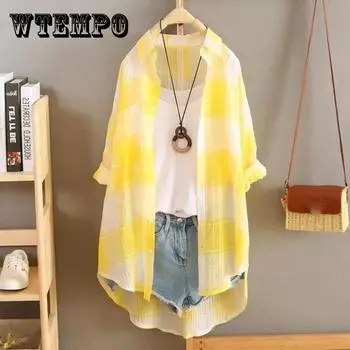 Летняя солнцезащитная одежда, женская клетчатая рубашка средней длины, женская солнцезащитная одежда, корейское большое свободное тонкое пальто XXL красный