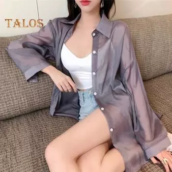 Летняя солнцезащитная шифоновая рубашка, женская рубашка с защитой от солнца, кардиган с открытым ремешком на спине, повседневный топ, тонкие свободные топы для работы, отдыха, отпуска, повседневной одежды L фиолетовый