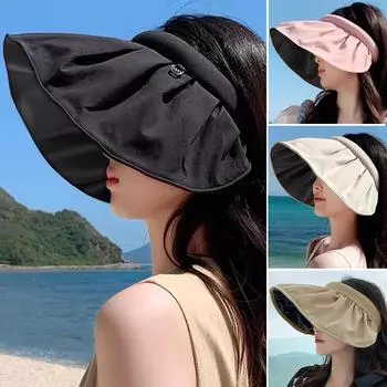 Летняя солнцезащитная шляпа Shell Sun Hat для женщин с широкими полями, складными козырьками, корейская повязка на голову, защита от ультрафиолета, пляжные шляпы-обручи для волос чёрный