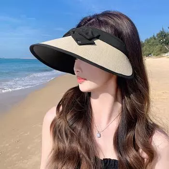 Летняя солнцезащитная шляпа женская 2024 новая универсальная пустая шляпа-цилиндр шляпа от солнца милый бант пляжная шляпа от солнца M56-58cm чёрный