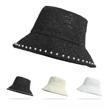 Летняя солнцезащитная шляпа, женская жемчужная кружевная сетчатая дышащая шляпа с большими полями, рыбацкая шляпа, женская пляжная шляпа белый