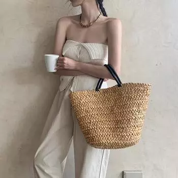 Летняя соломенная плетеная женская сумка-ведро в стиле бохо, пляжная, большая вместительная плетеная сумка-тоут с верхней ручкой 25x15x29cm хаки