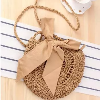Летняя соломенная пляжная сумка с бантом, женские сумки через плечо, круглые сумки с бантом 26cm*5cm*26cm бежевый